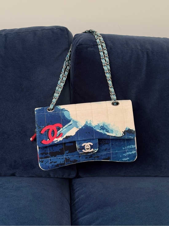 CHANEL Handbags - Rare Chanel 2002 Surf Line Choco Bar flap Blue Canvas Silver Hardware